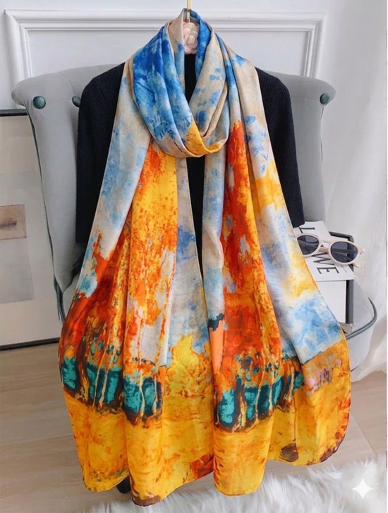 Premium Silk Feeling Wheatfield Painting Design Scarf